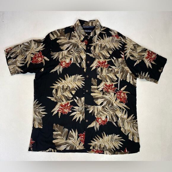 Nautica All Over Floral Button Up Shirt Men Large Black Short Sleeve Rayon 90s - Picture 1 of 5